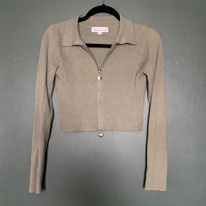 Green Ribbed Zip-Front Cropped Cardigan